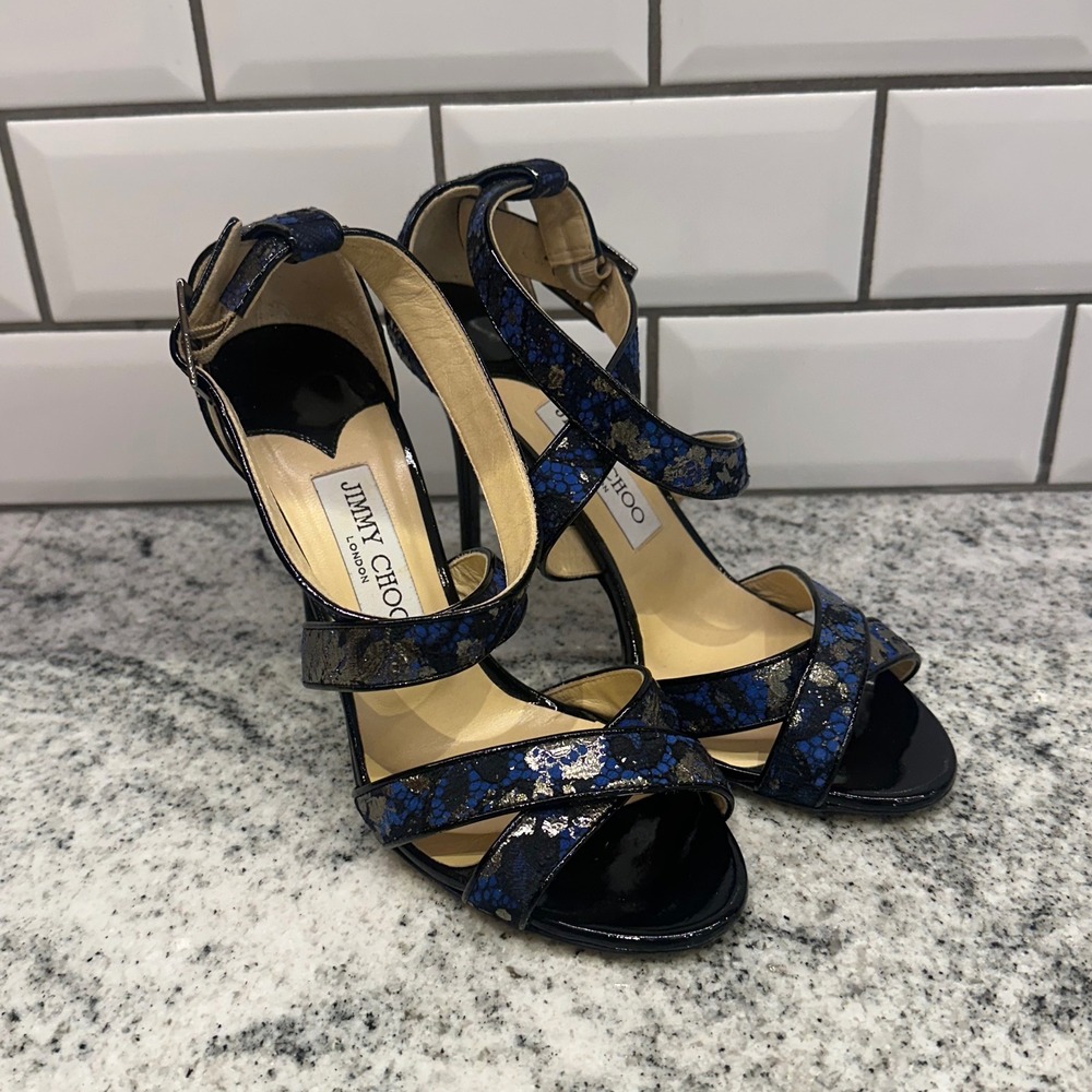 Jimmy Choo Women 38 Lang Sandals Blue Silver Metallic Lace Strappy Stiletto